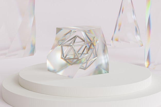 Cristal de vidrio abstracto con dispersión en el podio o pedestal, fondo beige, representación mínima de ilustración 3d