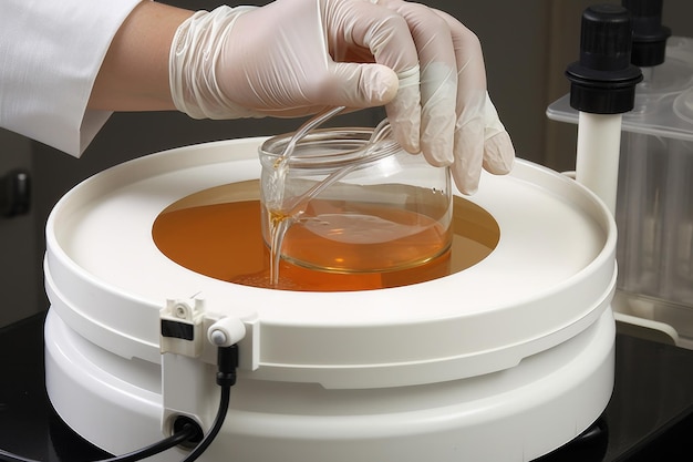 Cristalería de laboratorio con muestra de orina en manos de un médico Un químico que usa una centrífuga para probar líquidos en una vista de primer plano Generado por IA