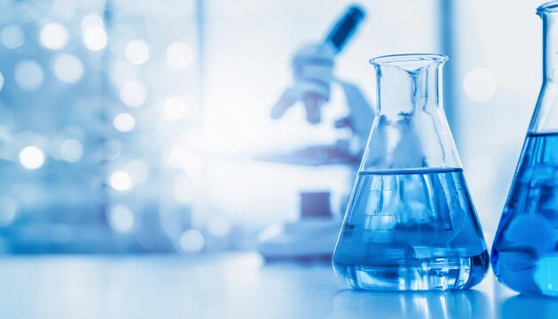Cristalería con líquido azul sobre la mesa Laboratorio científico moderno