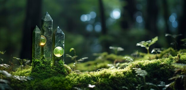 Cristales con fases lunares imagen de musgo en un bosque misterioso fondo natural IA generativa