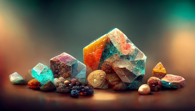 Cristales gemas minerales de colores 3d render