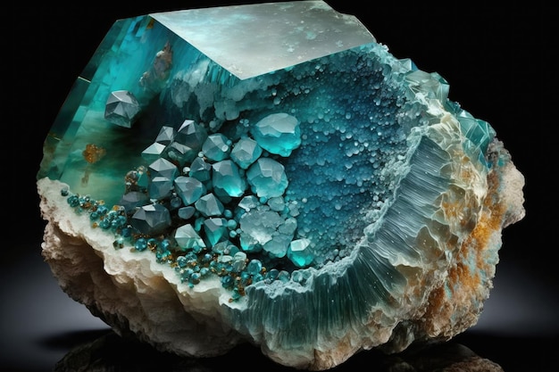 Los cristales de geoda de calidad gema del mineral aguamarina se encuentran en forma de semigema