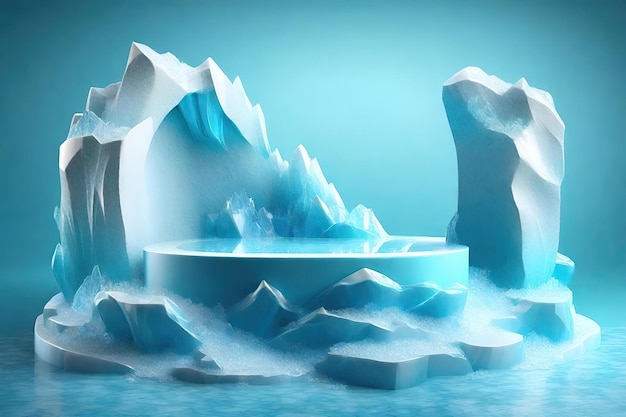 Cristales de hielo azul y podio con rocas