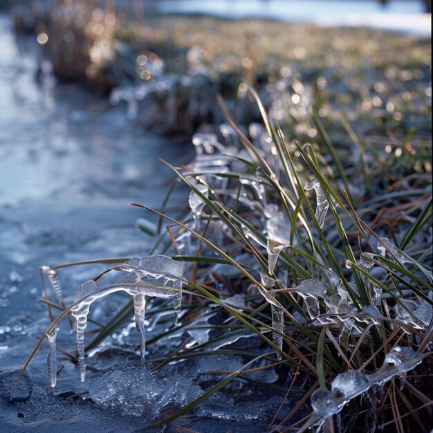 Los cristales de hielo están congelados en un charco de agua.