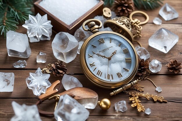 Cristales de hielo sobre un fondo de madera natural estado de ánimo navideño