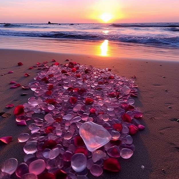 Cristales de hielo de vidrio rosa en la playa al atardecer