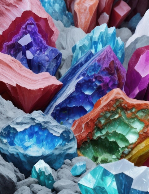 Cristales mágicos multicolores de diferentes formas y tamaños entre las piedras materiales naturales drusas