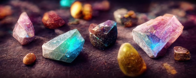 Cristales y minerales de piedras preciosas Práctica espiritual esotérica Concepto de terapia de reiki Feng Shui Imagen generada por IA