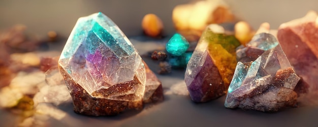 Cristales y minerales de piedras preciosas Práctica espiritual esotérica Concepto de terapia de reiki Feng Shui Imagen generada por IA