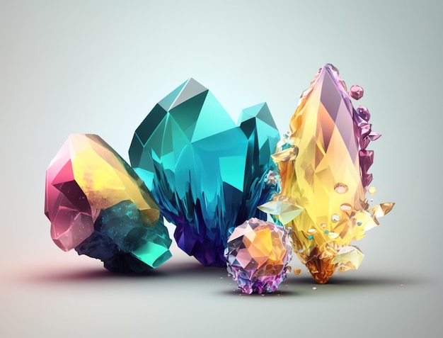 Cristales multicolores y gemas grandes sobre un fondo blanco Fondo de lujo piedra cuarzo vidrio prisma tesoro AI generado