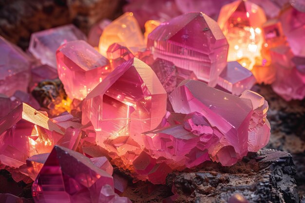 Foto cristales de rodocrosita rosados vibrantes con un resplandor iluminado