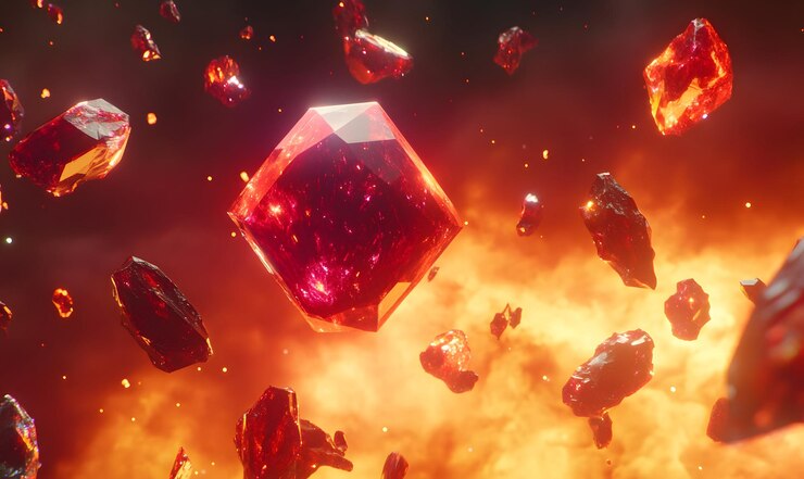 Foto cristales rojos brillantes y rocas flotando en el humo ardiente