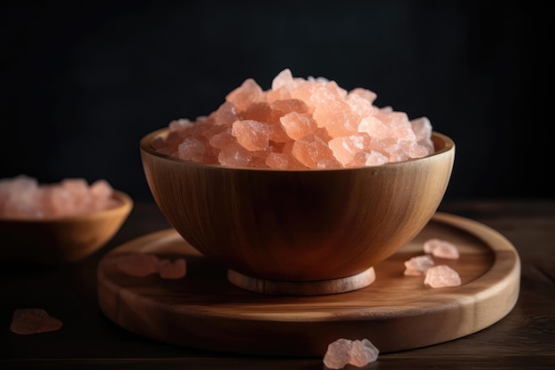 Cristales de sal rosa del Himalaya en cuenco de madera IA generativa