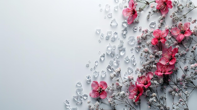 Cristales y varias flores de primavera en un telón de fondo blanco limpio con un espacio vacío para texto o producto IA generativa