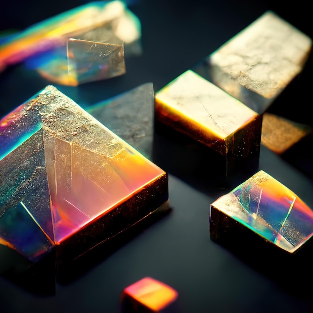 Cristales de vidrio y prismas con rayos de espectro de color Ilustración 3D de fondo de arte óptico abstracto