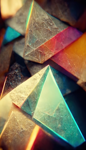 Cristales de vidrio y prismas con rayos de espectro de color Ilustración 3D de fondo de arte óptico abstracto