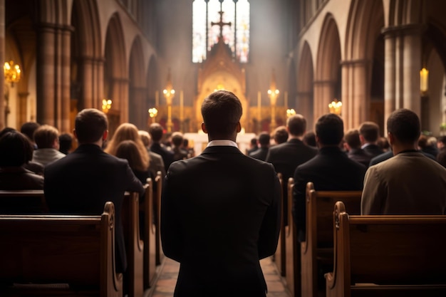 Foto cristãos oram na igreja encontrando consolo na fé ia generativa
