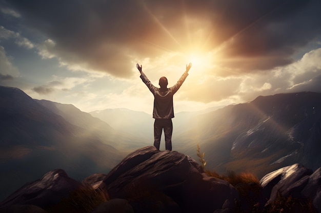 Foto cristiano orando a dios en la cima de la montaña y el hombre gritando con los brazos levantados a dios