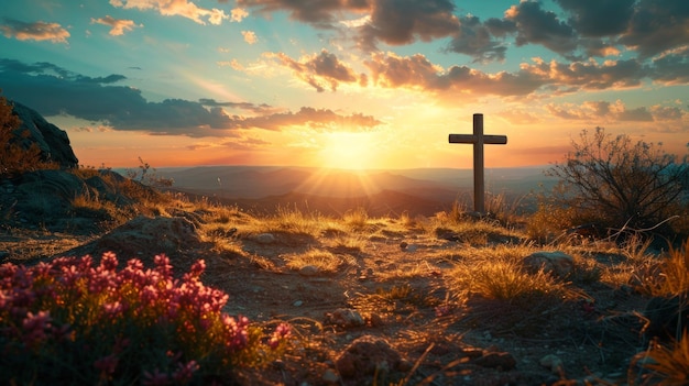 Cristo triunfante fe39s victoria suaves rayos celestiales sereno mañana de Pascua AI generativo