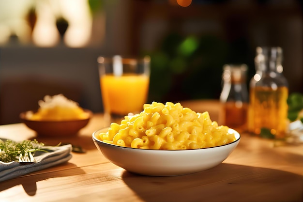 Crock Pot Mac und Käse zum Frühstück auf dem Holztisch mit Weihnachtsdekoration im Hintergrund