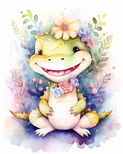 Crocodilo chibi feliz e aquarela sonhador com fundo florido de conto de fadas gerado ai