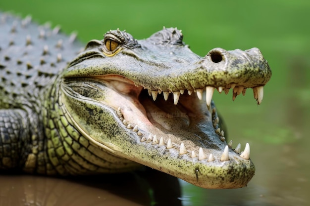 Crocodilo com a boca aberta com um lago verde no fundo verde