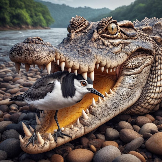 Foto crocodilo com pássaro