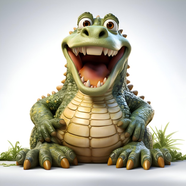 Crocodilo de desenho animado com dentes grandes em fundo branco Ilustração 3D