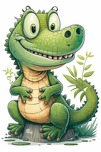 Crocodilo de desenho animado sentado em um toco com uma planta em sua boca generativa ai