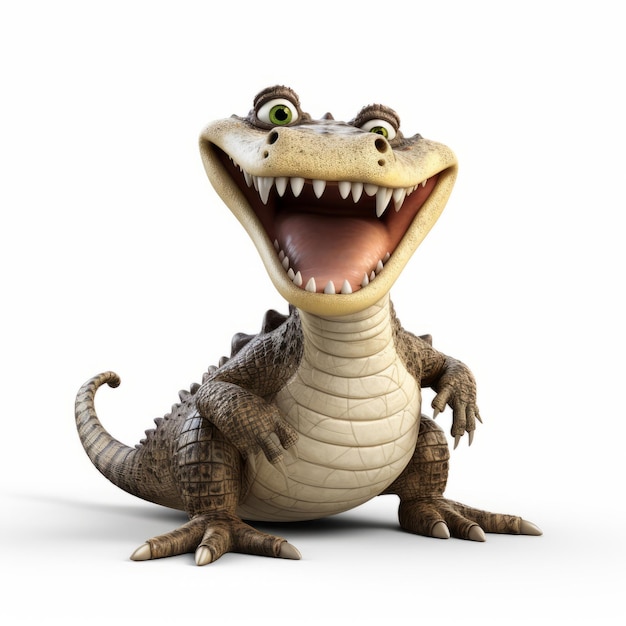 Foto crocodilo de desenho animado sorridente em fundo branco uma arte digital lúdica e realista