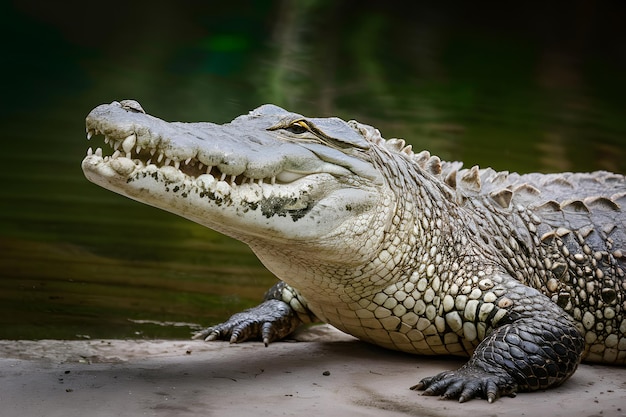 Crocodilo em close-up junto a piscinas retrato de vida selvagem de répteis