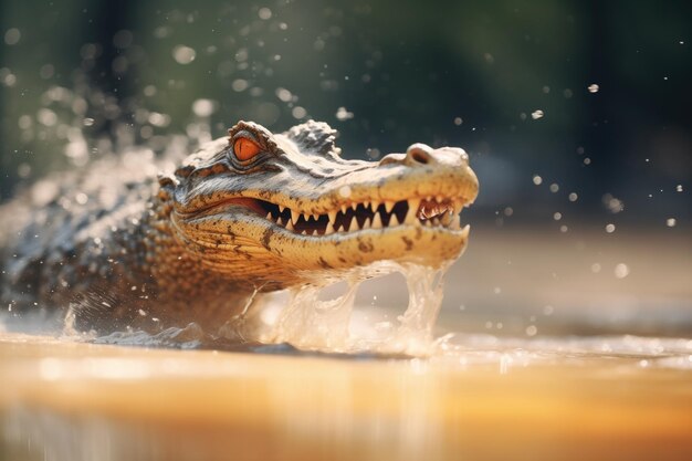 Foto crocodilo em movimento em direção à presa de água