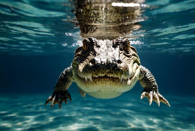 Crocodilo flutua debaixo d'água Alligador em águas rasas olha para fora da água Vida marinha sob a água em