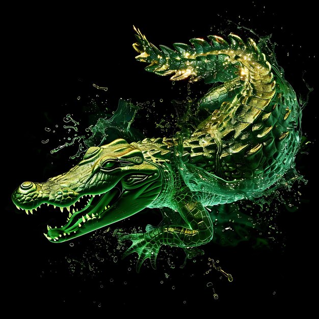 Crocodilo Formado em Água de Pântano Turva Verde Transpa Arte de fundo Y2K Conceito Glowing