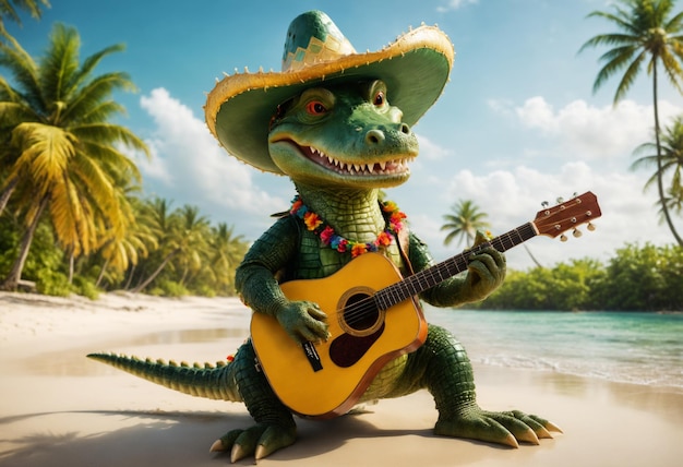 Crocodilo verde com sombrero e toca guitarra Generative AI