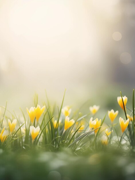 Crocus amarelos de primavera com grama em um fundo desfocado Ai fotografia generativa suave em tons pastel com copyspace perfeita para capa de cartaz ou publicidade sazonal