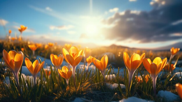 Foto los crocus amarillos florecen en un día soleado de primavera al aire libre