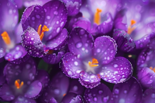Crocus en flor púrpura cubiertos de gotas de lluvia Primer plano de las flores de primavera al aire libre en un día lluvioso