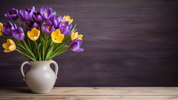 Crocus en un jarrón en una mesa de madera con espacio vacío para carteles