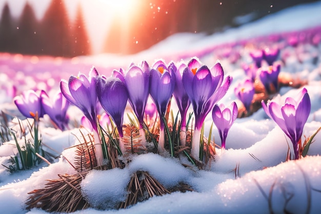 Crocus Lila Frühlingsblütewachstum im Schnee mit Kopierraum für Text Florales breites Panorama Crocus Iridaceae