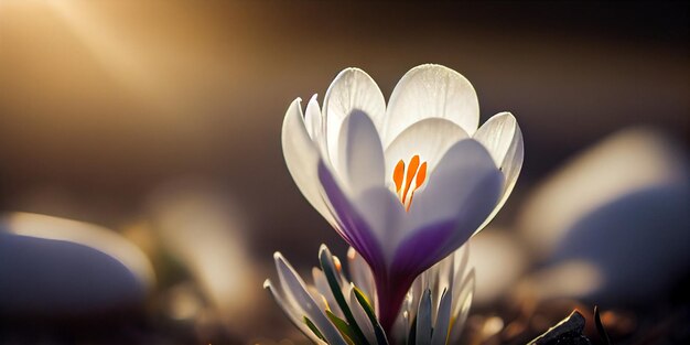 Crocus macro Primavera flores blancas Paisaje panorámico de pradera con plantas florecientes y resplandor solar Generado por IA