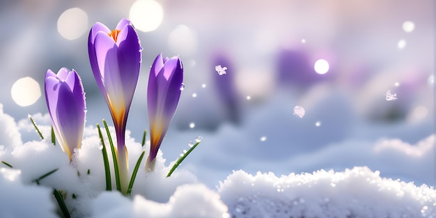 Crocus na neve primeira primavera flores silvestres efeito bokeh foco seletivo