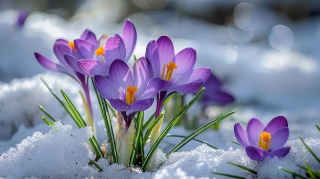 Los crocus púrpuras crecen a través de la nieve a principios de la primavera