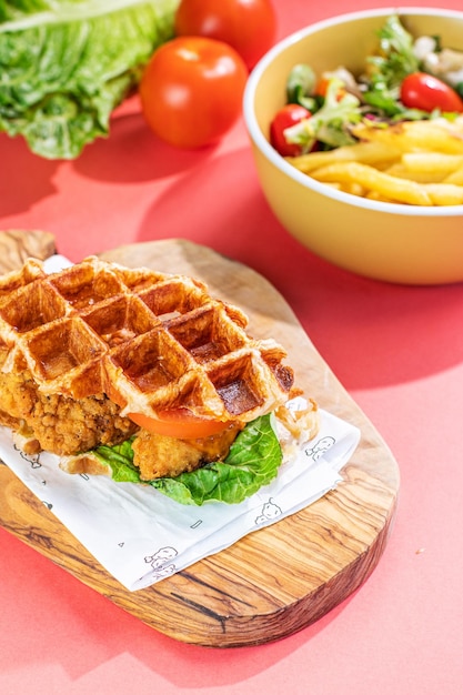 Foto croffle de frango com batatas fritas e salada