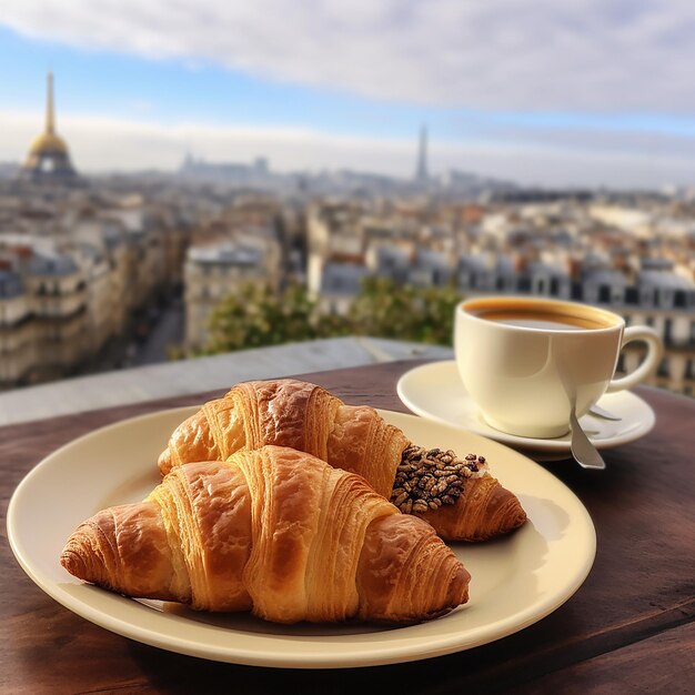 Foto croissaint auf einem porzellan-teller mit der wunderschönen stadt paris dahinter und dem eiffelturm