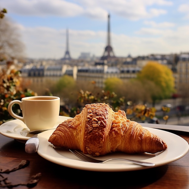 Croissaint auf einem Porzellan-Teller mit der wunderschönen Stadt Paris dahinter und dem Eiffelturm