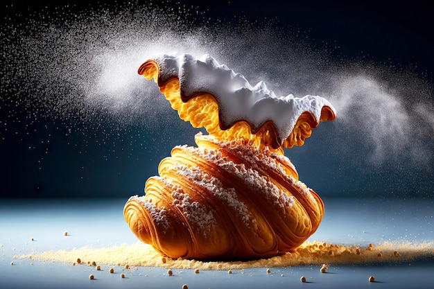 Foto croissant aéreo de massa folhada em açúcar em pó