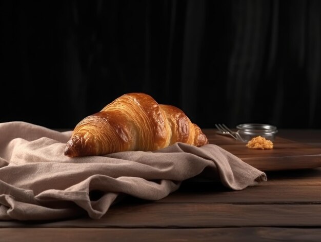 Croissant auf einem Holztisch auf einer Serviette