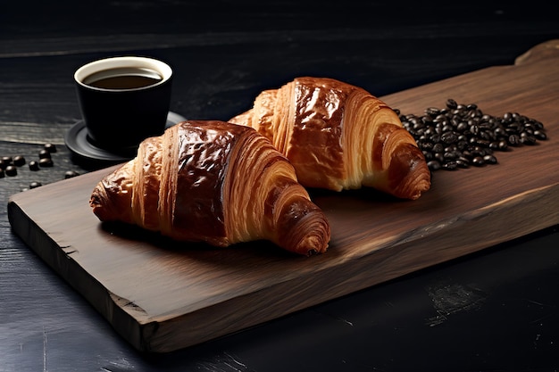 Croissant auf einer Holzplattform mit Kaffeebohnen