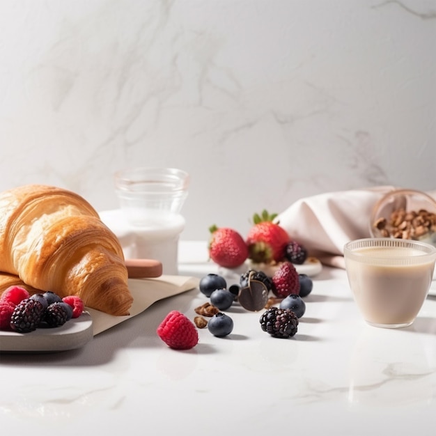 Un croissant con bayas y un vaso de leche sobre una mesa.